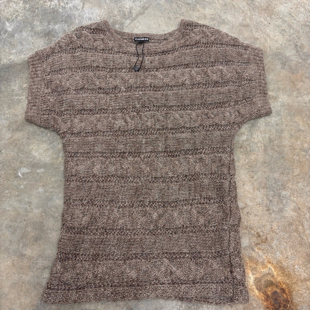 Vintage Express Y2K Metallic  Knit Short Sleeve Sweater Taupe/Bronze Womens XS